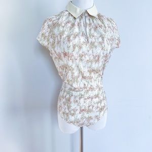 $399 | Wolford | Speckles String Bodysuit Cream Short Sleeve Collared Reptile S